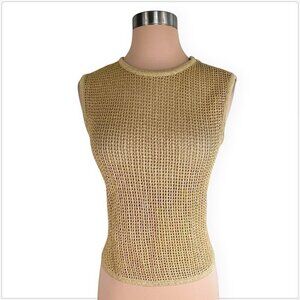 St. John Sport Gold Metallic Sheer Crochet Knit Sleeveless Shell Tank Top P